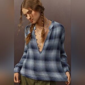 Anthropologie Cloth & Stone Femme Henley Blue Plaid Shirt